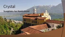  Presentation with overlook - Slides enhanced with madonna del sasso medieval monastery on the rock overlook lake maggiore switzerland background and a light blue colored foreground