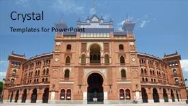  Presentation with bullfighting horse - Theme consisting of madrid famous bullfighting arena background and a teal colored foreground