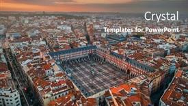  Presentation with historical buildings - Presentation design consisting of madrid-plaza-mayor-aerial-view background and a coral colored foreground