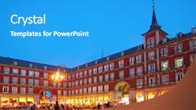  Presentation with light golden lights - Beautiful presentation design featuring madrid plaza mayor night lights backdrop and a teal colored foreground
