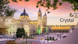  Presentation with spain - Beautiful PPT theme featuring madrid spain at la almudena backdrop and a coral colored foreground