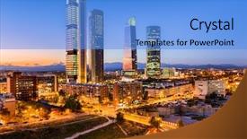  Presentation with dubai evening skyline luxury district - Colorful presentation theme enhanced with madrid spain financial district skyline backdrop and a light blue colored foreground