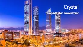  Presentation with skyline - Slide set featuring madrid spain financial district skyline background and a royal blue colored foreground