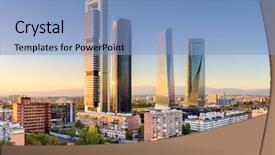  Presentation with skyline - PPT layouts consisting of madrid spain financial district skyline background and a light blue colored foreground