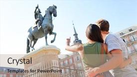  Presentation with travel madrid - PPT layouts featuring madrid tourists on plaza mayor background and a coral colored foreground