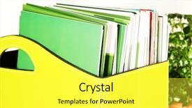 Presentation with green office - PPT theme consisting of magazines and folders in green box on office interior background background and a yellow colored foreground