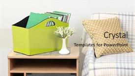  Presentation with magazines - Colorful slide set enhanced with magazines and folders in green box on bedside table in room backdrop and a soft green colored foreground