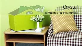  Presentation with magazines - Presentation design consisting of magazines and folders in green box on bedside table in room background and a soft green colored foreground