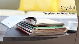  Presentation with living room - PPT layouts consisting of magazines on table in living background and a blonde colored foreground