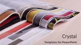  Presentation with magazines - PPT layouts consisting of magazines on wooden table close background and a  colored foreground