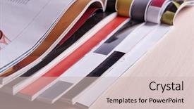  Presentation with close up wooden decking - Colorful slide deck enhanced with magazines on wooden table close backdrop and a  colored foreground