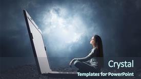  Presentation with nineteenth century woman - Colorful slide deck enhanced with magic computer - woman is sitting backdrop and a ocean colored foreground