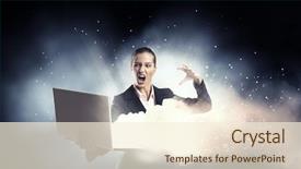  Presentation with media - Cool new PPT theme with magic computer - woman with laptop in hands backdrop and a cream colored foreground