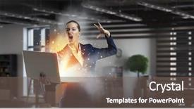  Presentation with media - Colorful slide deck enhanced with magic computer - woman with laptop in hands backdrop and a gray colored foreground