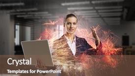  Presentation with media - Beautiful slide deck featuring magic computer - woman with laptop in hands backdrop and a violet colored foreground