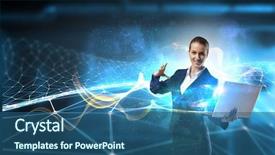  Presentation with magic - Presentation design enhanced with magic computer - woman with laptop in hands background and a ocean colored foreground