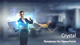  Presentation with media - Audience pleasing slide deck consisting of magic computer - woman with laptop in hands backdrop and a ocean colored foreground