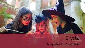  Presentation with brew - Colorful slides enhanced with magic gathering - astonished halloween girls looking backdrop and a  colored foreground