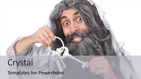  Presentation with old man - Slides having magic key - funny old man isolated background and a light gray colored foreground