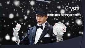  Presentation with circus - Amazing PPT layouts having magic performance circus gambling casino poker show concept - magician in top hat showing trick with playing cards backdrop and a dark gray colored foreground