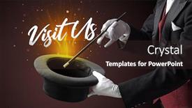  Presentation with magician - Amazing PPT theme having magician-is-showing-magic-trick backdrop and a wine colored foreground