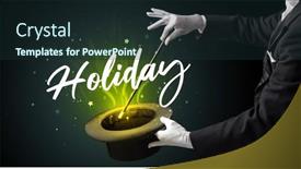  Presentation with magician - Amazing PPT theme having magician-is-showing-magic-trick backdrop and a tawny brown colored foreground