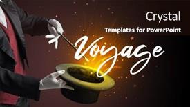  Presentation with magician - Beautiful presentation theme featuring magician-is-showing-magic-trick backdrop and a wine colored foreground