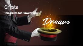  Presentation with magician - Beautiful PPT theme featuring magician-is-showing-magic-trick backdrop and a wine colored foreground