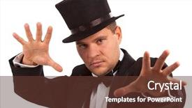  Presentation with magician - Slide set consisting of magician performing a magic trick over white background background and a tawny brown colored foreground