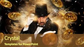  Presentation with money bitcoin - Amazing PPT layouts having magician throwing bitcoin coin backdrop and a tawny brown colored foreground