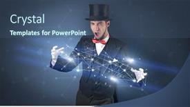  Presentation with magician - Cool new PPT theme with magician with blue background and geometrical connection between two hands backdrop and a ocean colored foreground