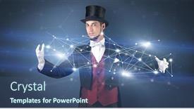  Presentation with magician - Cool new PPT theme with magician with blue background and geometrical connection between two hands backdrop and a ocean colored foreground