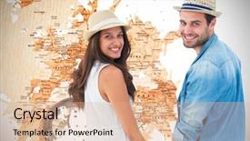  Presentation with compass map - Colorful presentation theme enhanced with magnetic field earth - happy hipster couple holding hands backdrop and a coral colored foreground