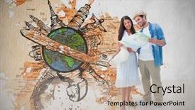  Presentation with compass map - Presentation theme consisting of magnetic field earth - happy hipster couple looking background and a coral colored foreground