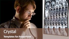  Presentation with diagnosis - Slide deck with magnetic resonance imaging - young puzzled doctor thinking background and a tawny brown colored foreground