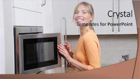  Presentation with cooking - PPT theme featuring woman cooking with a microwave background and a light gray colored foreground