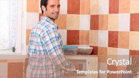  Presentation with handball champions league cup - Audience pleasing presentation theme consisting of man putting cup in microwave backdrop and a coral colored foreground