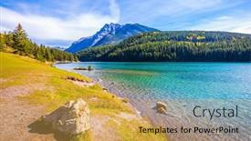  Presentation with pure water - Colorful slide set enhanced with magnificent lake two jack the gulf of minnevanka the pure turquoise water of the lake reflects coniferous forests golden autumn in canada the concept of ecological and active tourism backdrop and a yellow colored foreground