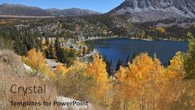  Presentation with mountain water - PPT theme featuring magnificent mountain lake with bright blue water surrounded by yellow and orange trees background and a coral colored foreground