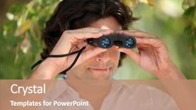  Presentation with pair - Beautiful PPT theme featuring magnifier free - man looking through a pair backdrop and a  colored foreground