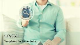  Presentation with mobile payment app business technology - PPT theme featuring magnifier free - technology business leisure and people background and a  colored foreground