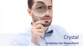  Presentation with young man on the phone - PPT layouts having magnifier on white background background and a  colored foreground