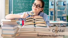  Presentation with many books - Beautiful presentation design featuring female student with many books backdrop and a coral colored foreground