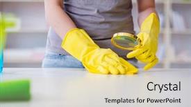  Presentation with home cleaning service - Presentation design consisting of housekeeping solution - woman doing cleaning at home background and a lemonade colored foreground