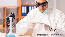  Presentation with lab - Theme enhanced with biology proyect - young biochemist wearing protective suit background and a lemonade colored foreground