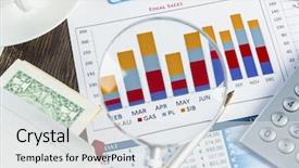  Presentation with data analytics - Cool new presentation design with magnifing glass and documents with analytics data lying on table backdrop and a white colored foreground