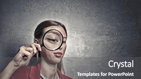  Presentation with search - Presentation design having magnify red - girl using magnifier for search background and a  colored foreground