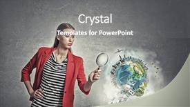  Presentation with search button searching information online - Amazing slides having magnify red - girl using magnifier for search backdrop and a gray colored foreground