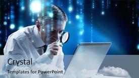  Presentation with detective magnifying glass - PPT theme with hair examination - mature businessman examining with magnifying background and a light blue colored foreground