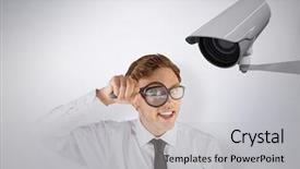  Presentation with cctv camera - Slide deck featuring magnifying glass against cctv camera background and a light gray colored foreground